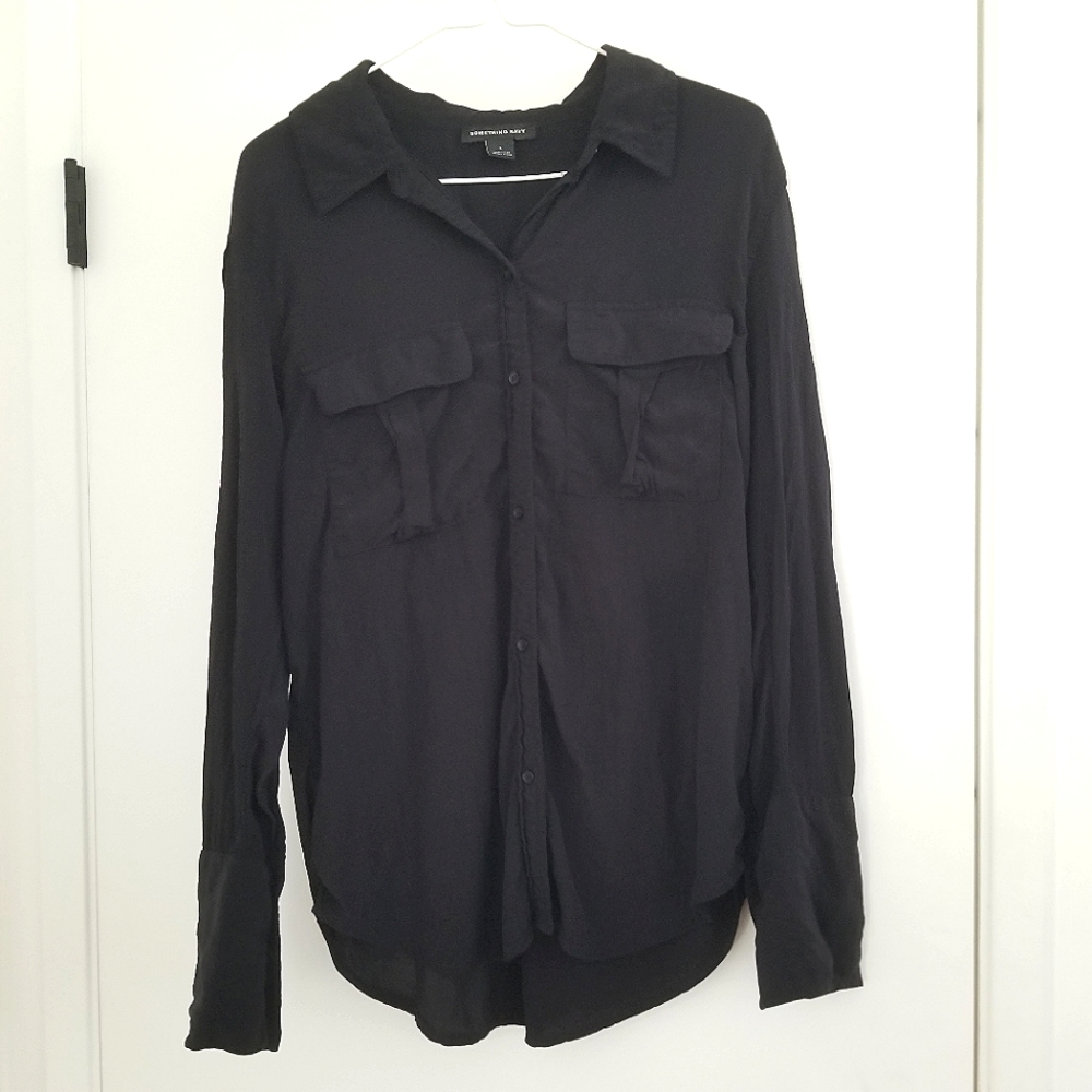 Something navy black viscose button down skirt